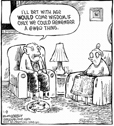 Elderly husband to elderly wife: "I'll bet with age WOULD come wisdom, if only we could remember a @$^* thing."