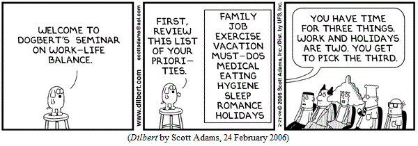 Dogbert, standing on stool:
  "Welcome to Dogbert's Seminar on Work-Life Balance.
  "First, review this list of your priorities."
(points to list posted on wall: FAMILY/JOB/EXERCISE/VACATION/MUST-DOS/
  MEDICAL/EATING/HYGIENE/SLEEP/ROMANCE/HOLIDAYS)
  "You have time for three things.  Work and holidays are two.  
   You get to pick the third."
(DILBERT by Scott Adams, 24 February 2006)