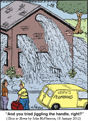 Plumber approaching house with water shooting out of every window and door,
to resident: "