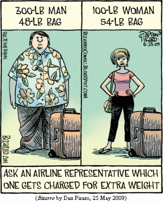 300-LB MAN, 48-LB BAG / 100-LB WOMAN, 54-LB BAG:
   Ask an airline representative which one gets charged for extra weight
(BIZARRO by Dan Piraro, 25 May 2009)